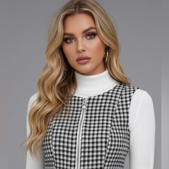 Houndstooth Print Zip Up Sleeveless Dress Without Sweater - Picture 2 of 9